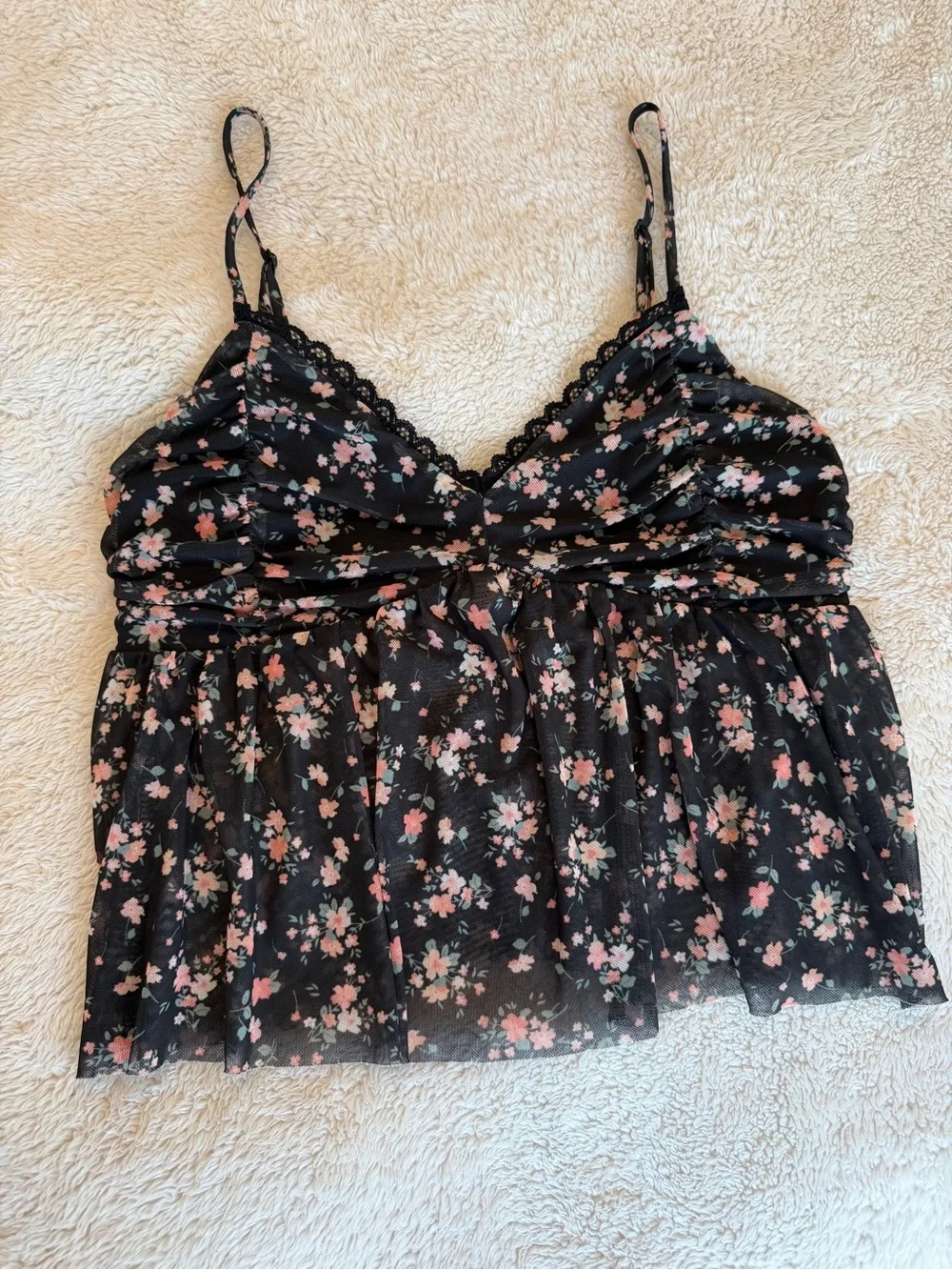RSQ Black Floral Lace-Trim Camisole with Pink Accents - Picture 1 of 4